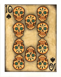 Painted image of a 10 of spades playing card with ten skulls on an off white background.