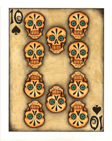 Painted image of a 10 of spades playing card with ten skulls on an off white background.