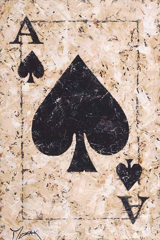 Painted image by Trevor Mezak of the Ace of Spades playing card with black spade on an off-white textured background.