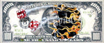 Michael Godard's Painting of a $1000 dollar bill will fire burning a hole in the middle and two dice being rolled across the top with smoke trailing behind