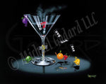 Painted image by Michael Godard of a martini glass with animated fruit characters referencing a slot machine win.