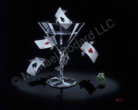 Painted image by Michael Godard of playing cards with wings flying around a martini glass with an animated olive standing beside it on a black background.