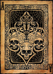 Painted image by Shayne of the Dead of an Ace of Skulls playing card with three skulls, spiderwebs and decorative designs painted in black on a tan background. background.