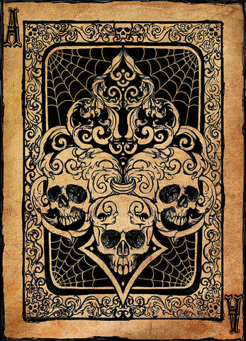 Painted image by Shayne of the Dead of an Ace of Skulls playing card with three skulls, spiderwebs and decorative designs painted in black on a tan background. background.