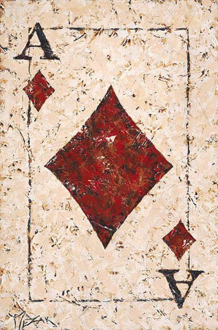 Painted image by Trevor Mezak of the Ace of Diamonds playing card with red diamond on an off-white textured background.