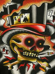 Tattoo style painted image by Ryan Downie of a skull with a top hat on, and 2 Aces on the hat.