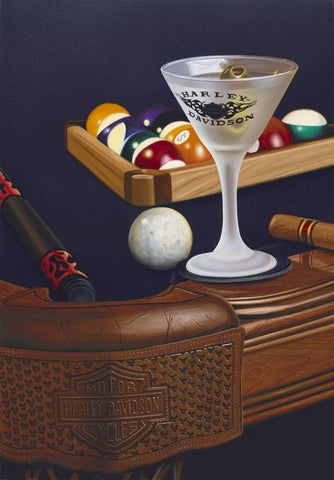 Painted image by Scott Jacobs of a martini glass with Harley davidson logo, sitting on a pool table with billards balls, wrack, cue and cigars.