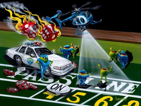 Painted image by Michael Godard of animated olived dressed as cops arresting other olives with a cop car and helicopter and flaming dice above a craps table.