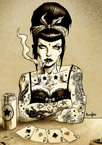 Painted image by Marcus Jone of a female with tattoos smoking and playing cards.