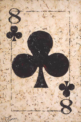 Painted image by Trevor Mezak of the Eight of Clubs playing card with black clovers on textured off white background.