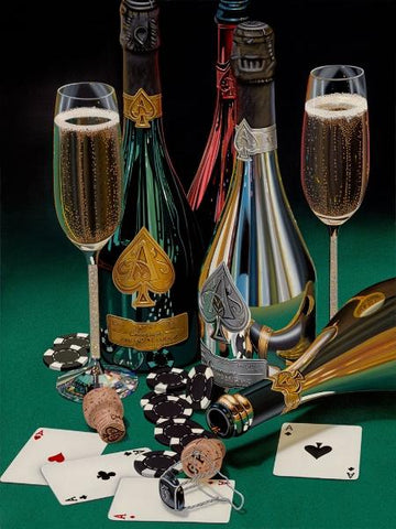 Painted image by Scott Jacobs of champagne bottles and 2 champagne flutes placed on a green poker table with playing cards and poker chips.