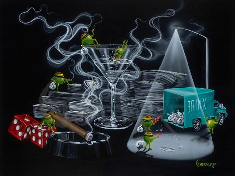 Painted image by Michael Godard of animated olives doing a heist style robbery while loading a truck with a pile of cash next to a martini glass, dice and burning cigar.