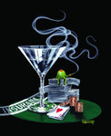 Painted image by Michael Godard of a smoking animated olive sitting on a stack of money next to a martini glass, poker chips and playing cards with the ord insurance written on the card table.