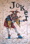 Painted image by Trevor Mezak of a joker playing card with the word Joker painted on it on textured off white background.