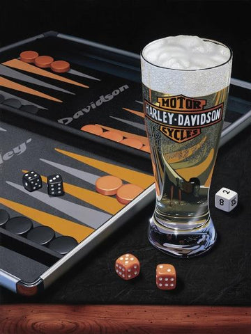 Painted image by Scott Jacobs of a beer glass with Harley Davidson logo sitting on a table with dice and games in background.