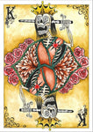 Painted image of a skeleton posing as a king with a sword stabbing its head.playing card