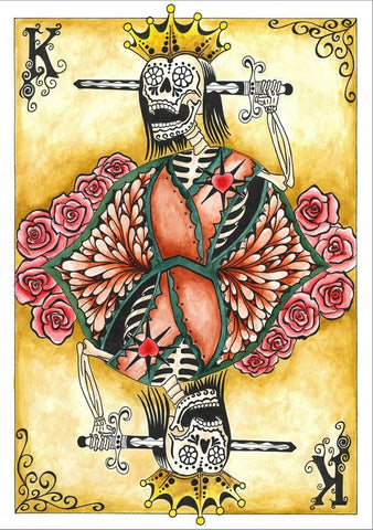 Painted image of a skeleton posing as a king with a sword stabbing its head.playing card