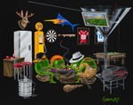 Painted image by Michael Godard of animated olives playing poker in a man cave game room with a martini glass on a black background.