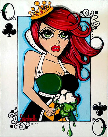 Cartton like drawn image of a queen of clovers with red hair and crown on a playing card.