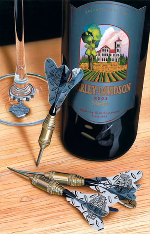 Painted image by Scott Jacobds with a Harley Davidson wine bottle sitting next to a wine glass with darts laying on a wooden table surface.