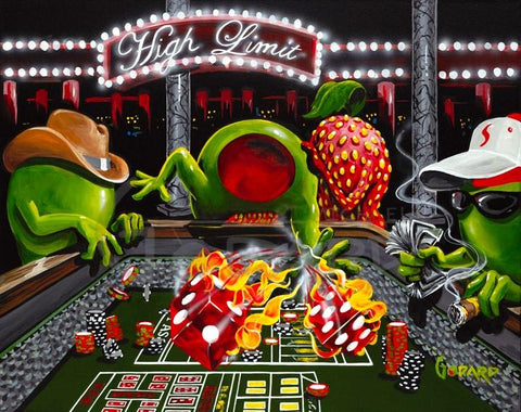 Painted image by Michael Godard of animated olives shooting craps with flaming dice in a casino setting and a High Limit sign overhead.