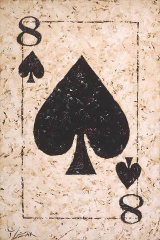 Painted image by Trevor Mezak of the Eight of Spades playing card with black spades on textured off white background.