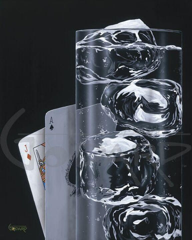 Painted image by Michael Godard of a highball cocktail glass with icecubes and a pair of playing cards, Jack of Diamonds and Ace of Spades behind the glass on a black background.