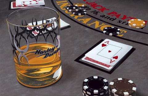 Painted image by Scott Jacobs of a whiskey glass with Harley Davidson logo sitting on a poker table with playing cards and poker chips in the background.