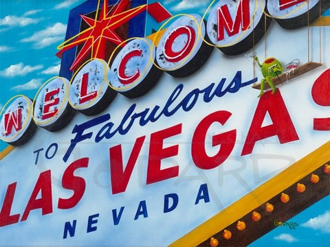 Painted image of the Welcome To Fabulous Las Vegas Sign by Michael Godard with an animated olive sitting at the top right corner of the sign.