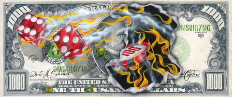 Michael Godard's Painting of a $1000 dollar bill will fire burning a hole in the middle, a poker chip and two dice being rolled across the top with smoke trailing behind