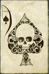 Painting of an Ace of Spades playing card with Skull Artwork in center of the spade, painted in black on off white background.