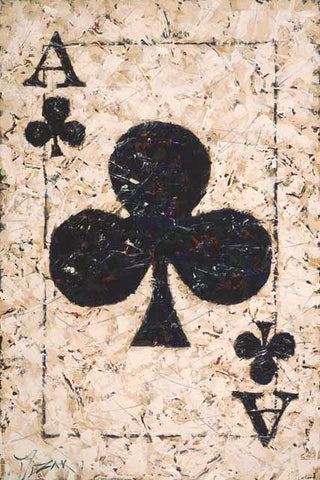 Painted image by Trevor Mezak of the Ace of Clubs playing card with black clover on an off-white textured background.