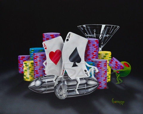 Painted image by Michael Godard of 2 animated playing cards sitting on bullets with poker chips, a martini glass and an olive on a black background.background.