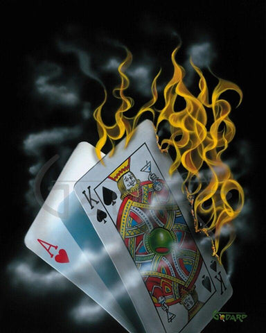 Painted image by Michael Godard of 2 playing cards, the ace of hearts and King of spades, on fire with flames and smoke on a black background.