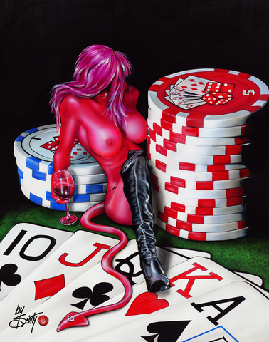 Painted image by Scotty Ziegler of a topless red female dvil sitting between poker chips on top of a poker hand of playing cards.