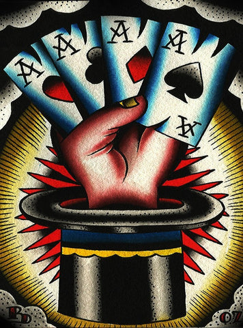 Tatto Style painted image by Ryan Downie of a hand emerginging from a top hat hold 4 aces playing cards like a magic trick.