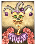 Painted image of a joker playing card with a skeleton wearing a jokers hat with purple collar and pink roses.