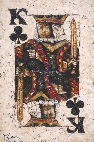 Painted image by Trevor Mezak of a king of clubs playing card on textured off white background.