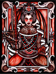 Painted image in red white an black of a queen holding a chainsaw and a heart on her hands.