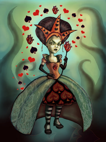 painted image of a quen of hearts with hearts, spades and human hearts floating around her on a light green background.