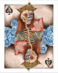 Painted image of a skeleton wearing a crown on an ace of spades playing card.