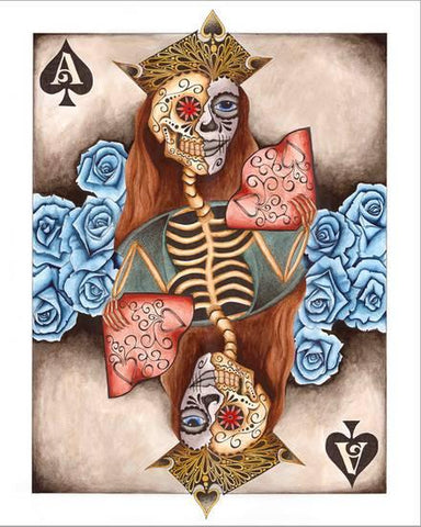 Painted image of a skeleton wearing a crown on an ace of spades playing card.