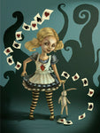 painted image of alice in wonderland holding a stuffed rabbit with playing cards flying around her on a green background.