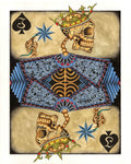 painted image of a skeleton wearing a crown like the jack of spades playing card and blue accent color on tan background.