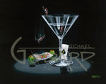 Painted image by Michael Godard of animated poker chips jumping from the rim of a martini glass, falling on playing cards held flat by animated olives on a black background.