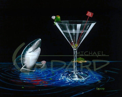 Painted image by Michael Godard of a shark in the water playing cards with an animated olive sitting on the rim of a martini glass with a blackbackground.