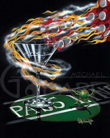 Painted image by Michael Godard of burning dice with flames and smoke circling around a martini glass on a craps table with an animated olive on a black background