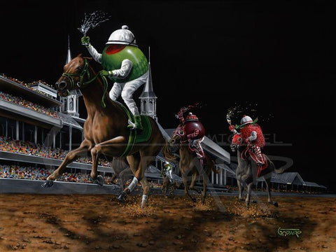 Painted image by Michael Godard of animated fruit riding horses at a horse race track holding martinis on a black background.