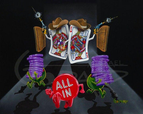 Painted image by Michael Godard of 2 animated playing cards shooting guns and chasing after animated olives and poker chips running away from salloon doors on a black background.