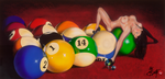 Painted image by Scotty Ziegler of a topless woman holding a martini glass reclining over a set of racked pool table balls on the red background of a pool table background.